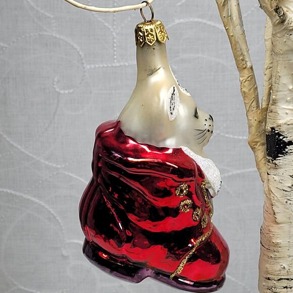 Vintage Kurt Adler Handmade Glass Cat Ornament Red Coat Glitter Christmas - Picture 7 of 16
